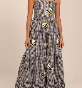 Plaid Bee Print Maxi Dress