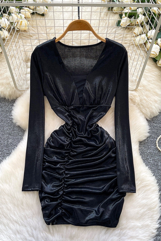 Ruched Deep V-Neck Casual Dress