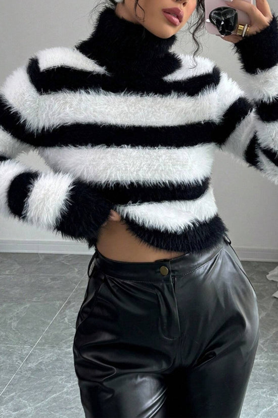 Striped Fluffy Turtleneck Sweater