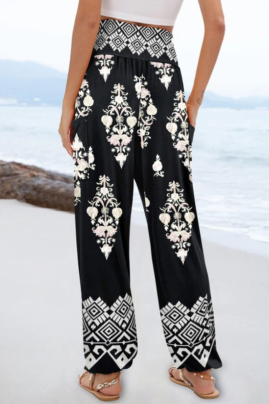 Boho Print Elastic Waist Casual Pants