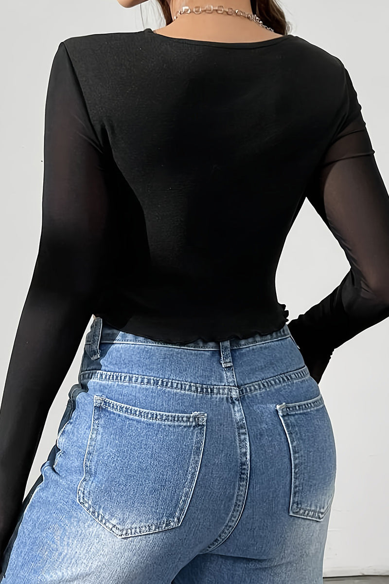 Sheer Cut-Out Long Sleeve Top