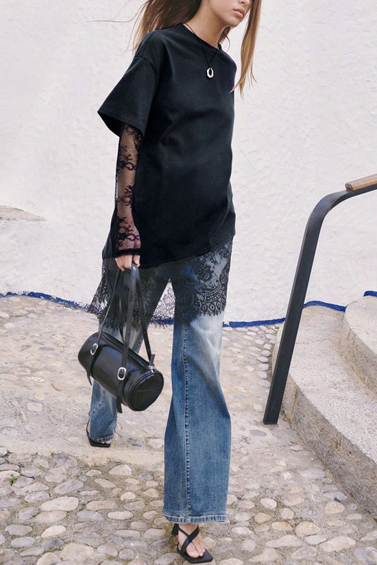 Lace Details Asymmetric Hem T-Shirt