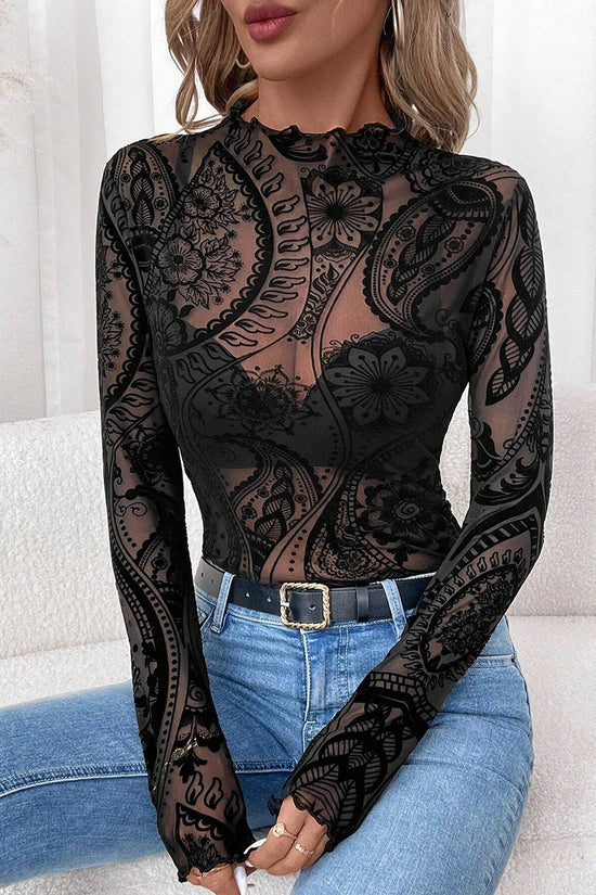 Elegant Sheer Floral Long Sleeve Top