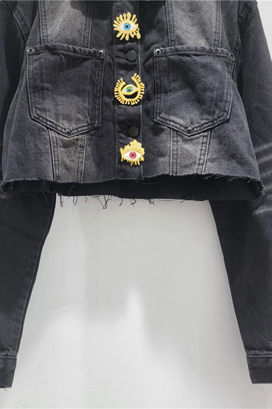 Eye-Embellished Denim Crop Jacket