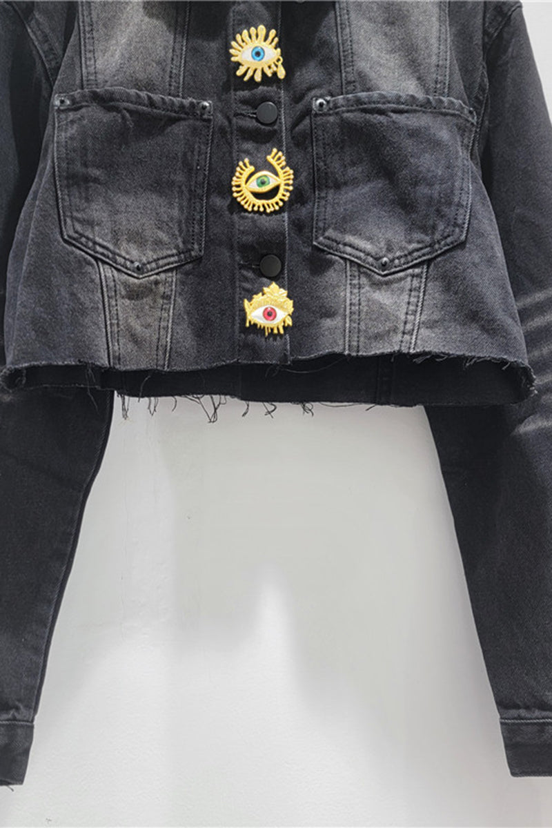 Eye-Embellished Denim Crop Jacket