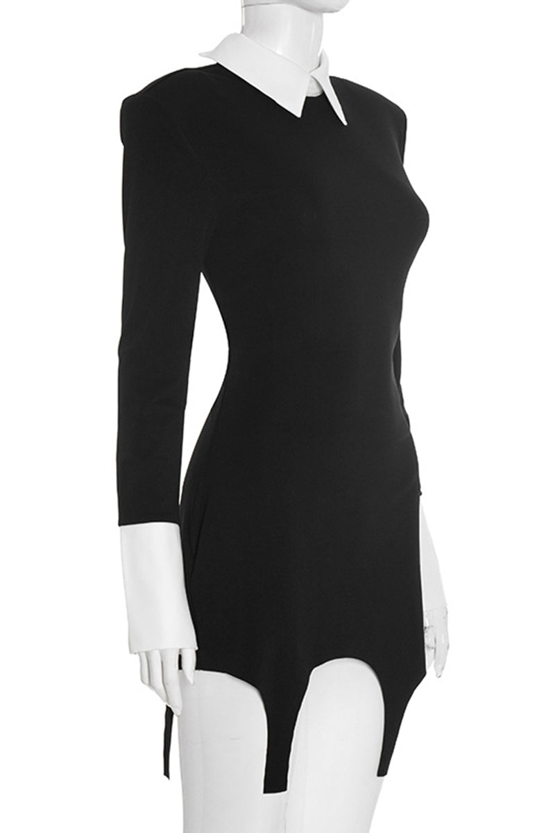 Contrast Collar Long Sleeve Bodycon Dress