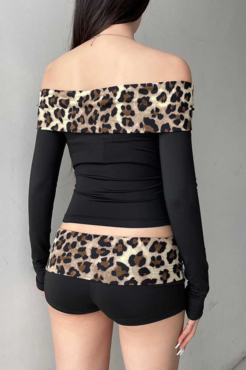 Leopard Trim High-Waisted Shorts Set