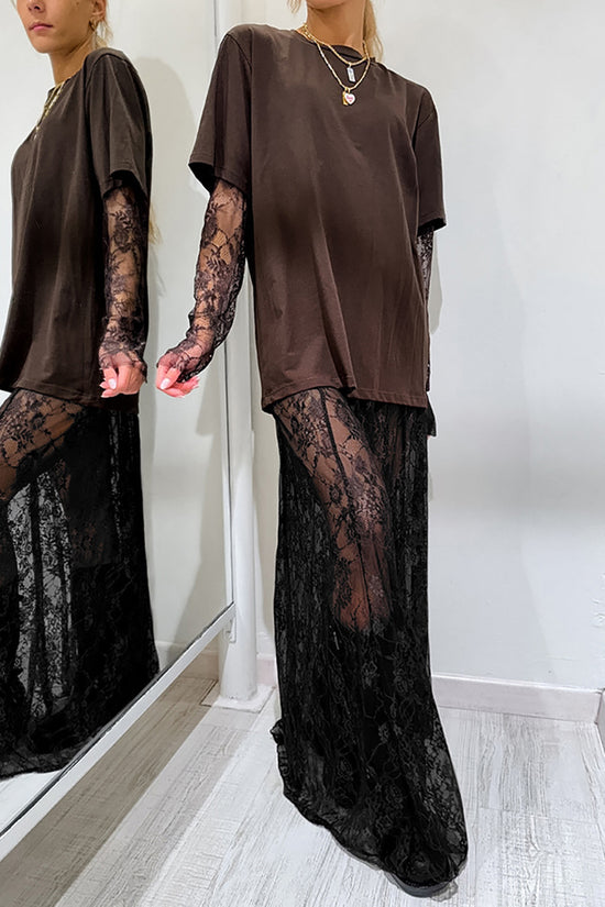 Sheer Lace Overlay Midi Skirt