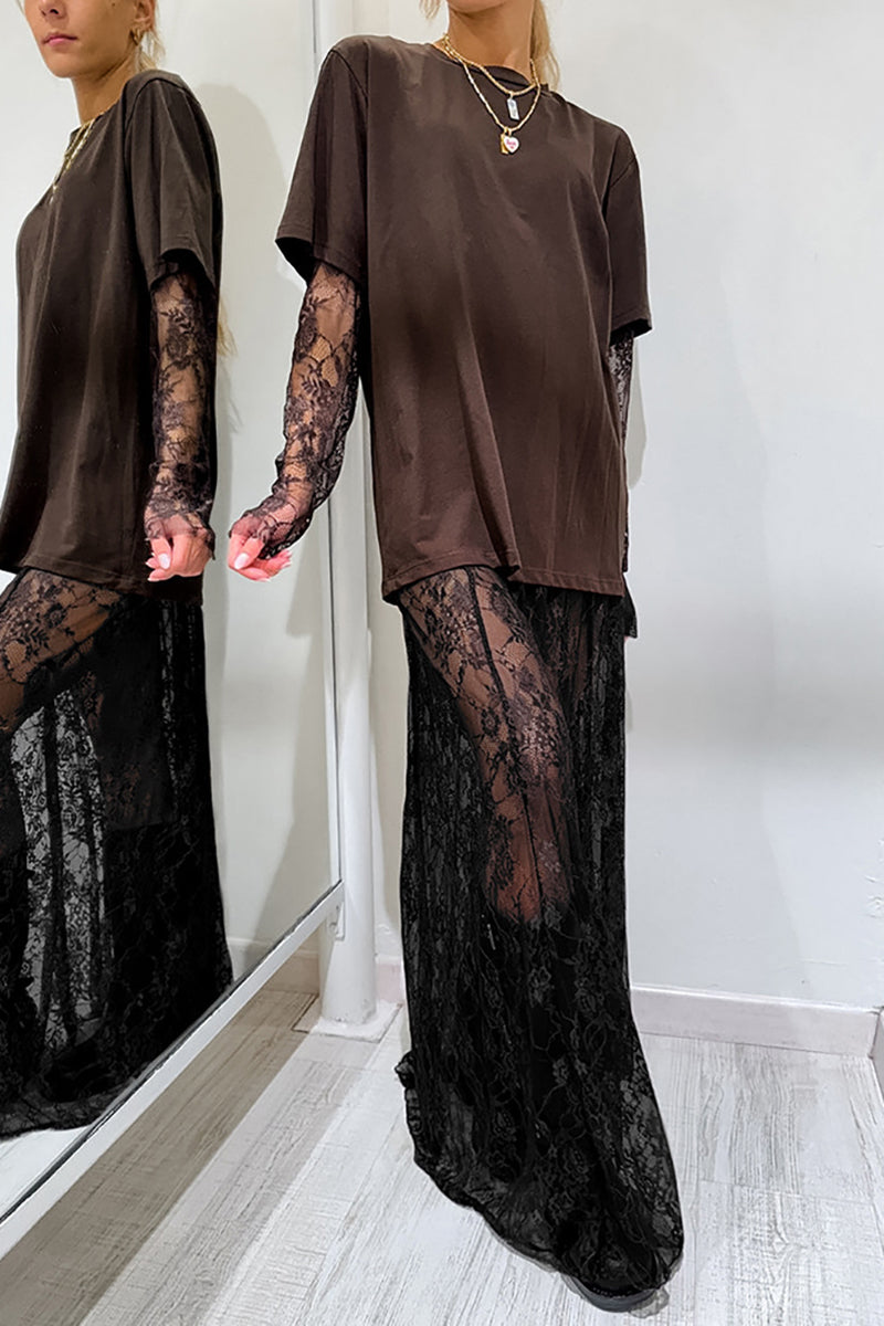 Sheer Lace Overlay Midi Skirt