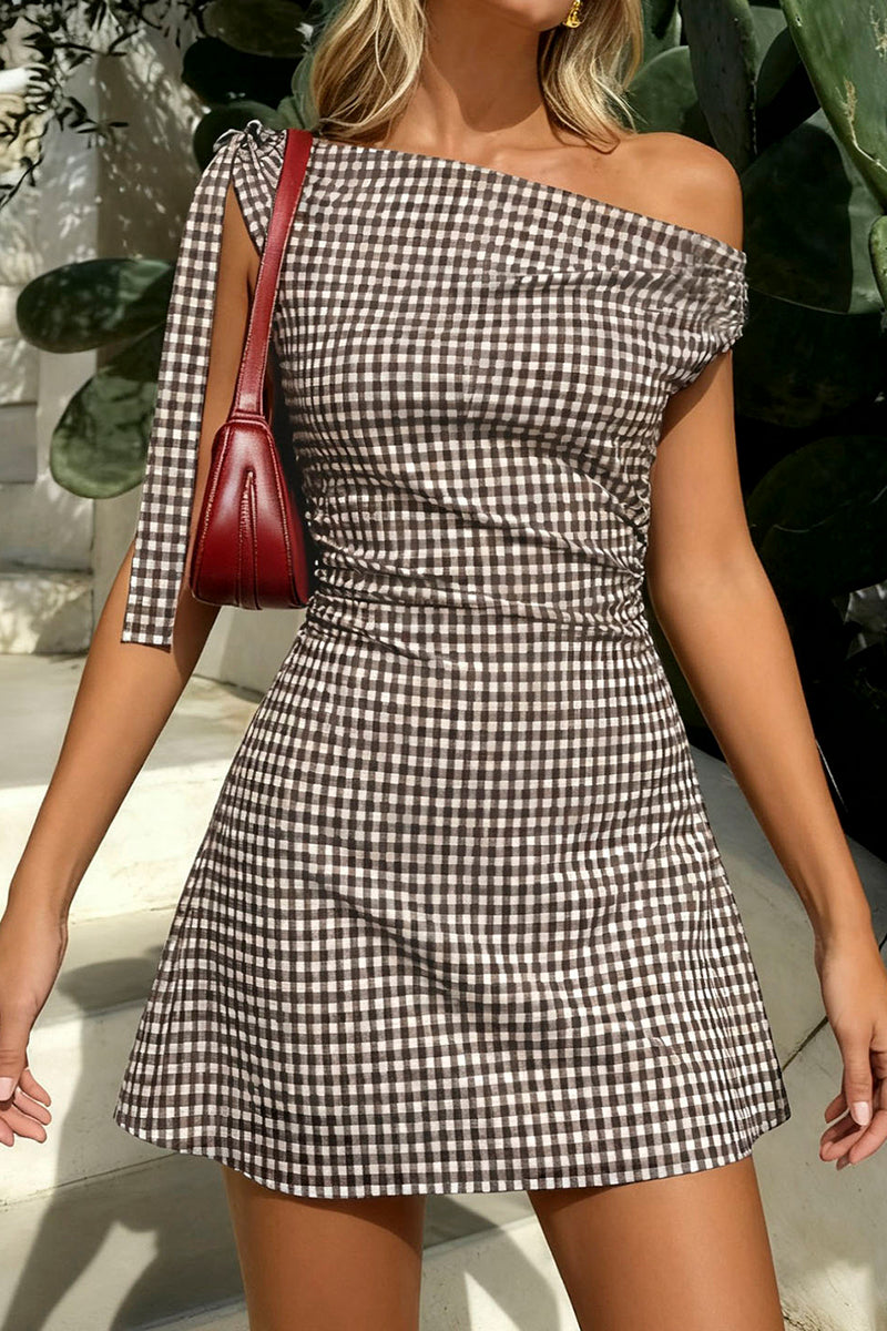 Gingham One-Shoulder Casual Dress