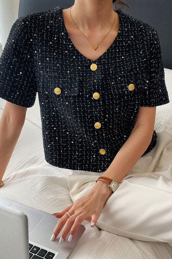 Buttoned Short Sleeve Tweed Blazer