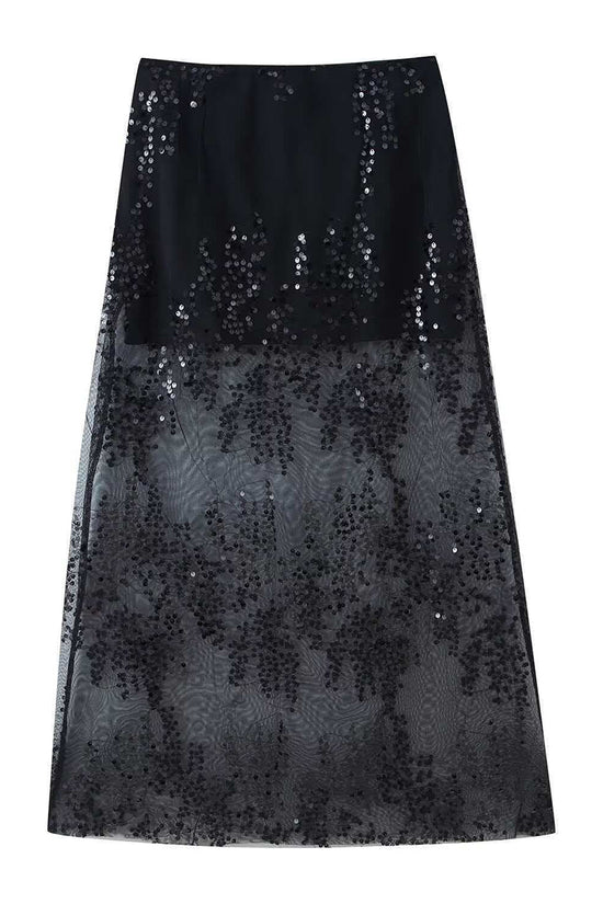 Sequined Mesh Midi Skirt