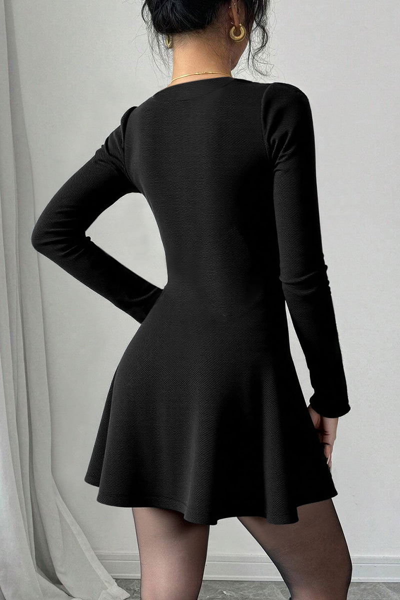 Buttoned V-Neck Flare Casual Dress