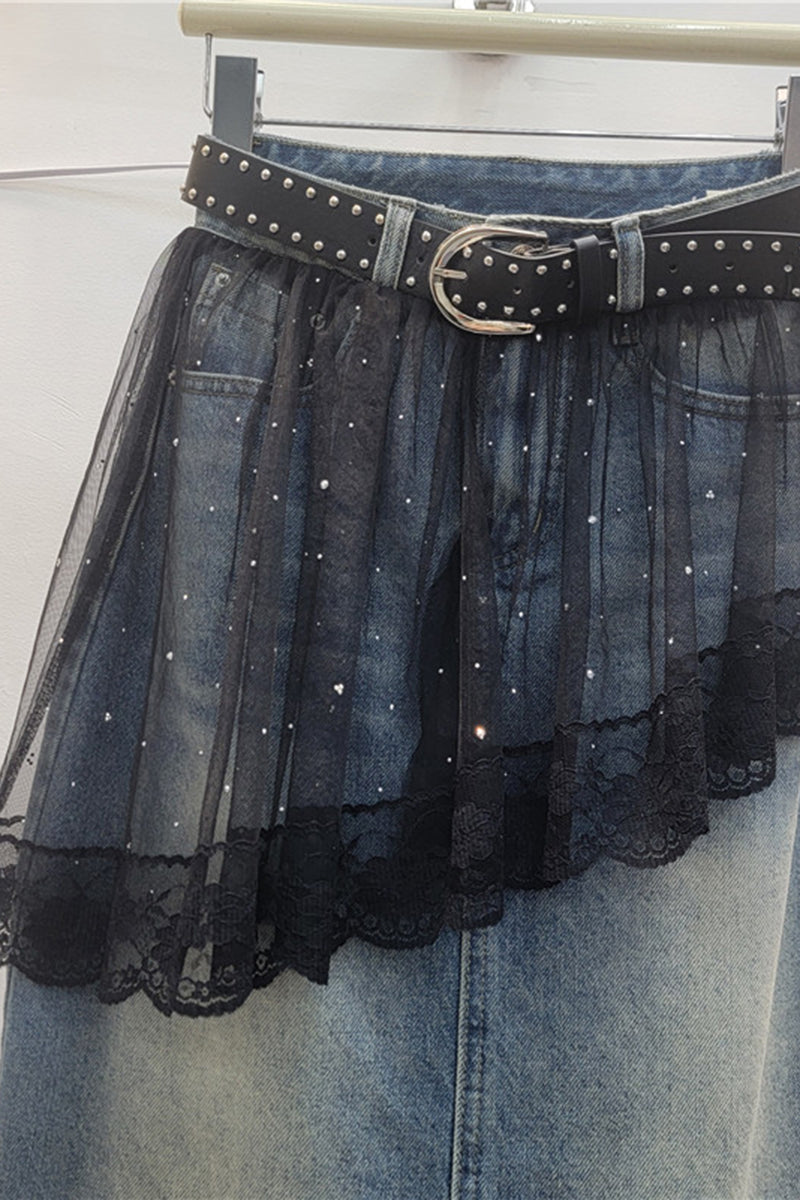 Chic Denim Skirt with Lace Overlay