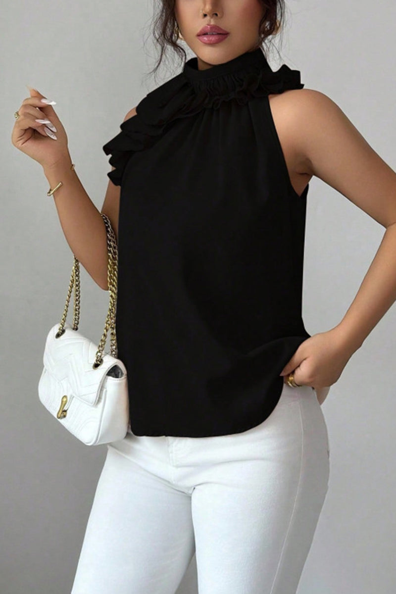 Ruffled High Neck Sleeveless Blouse