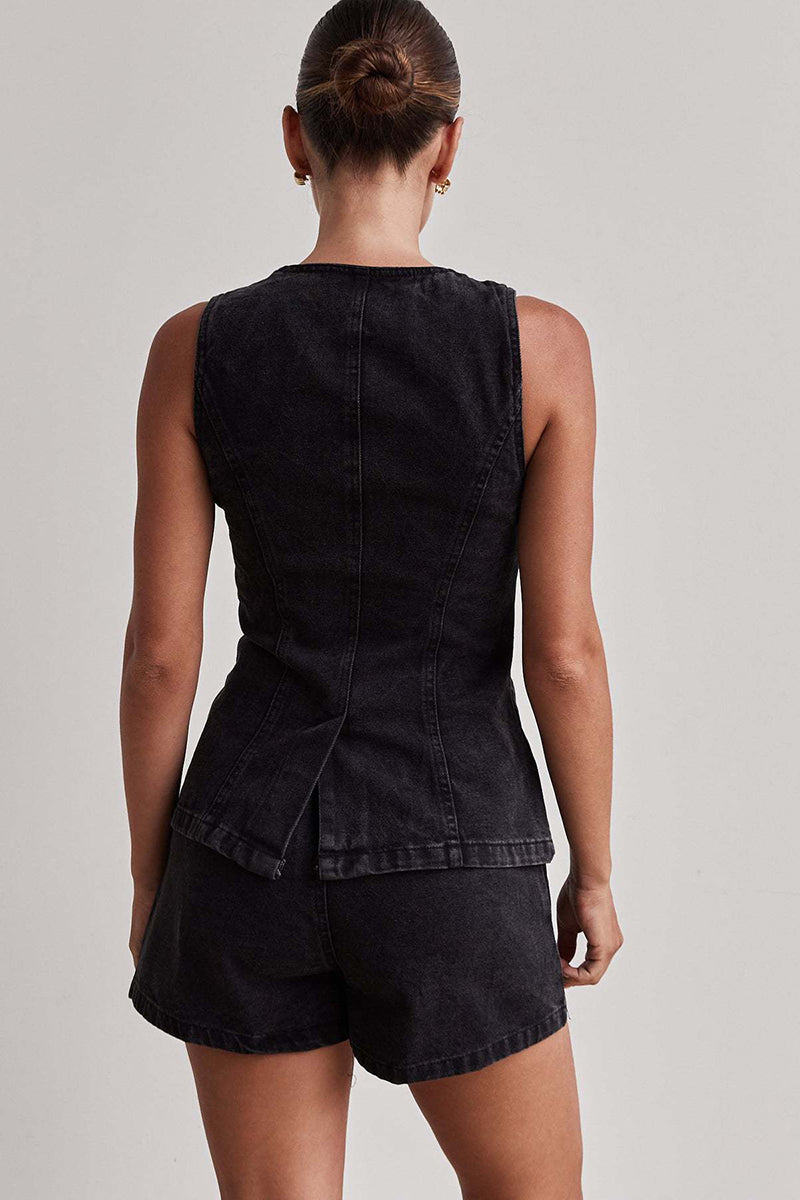 Chic Buttoned Sleeveless Shorts Set