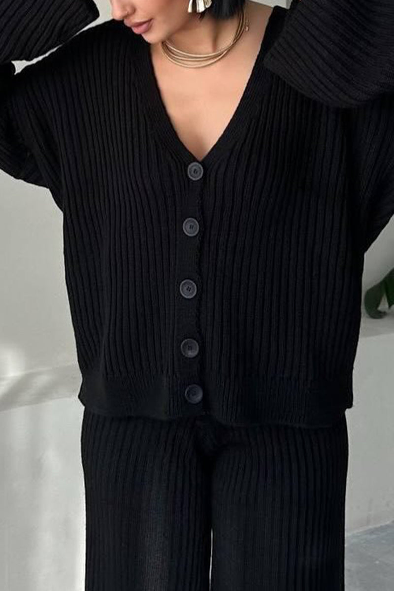 Ribbed Button-Up Pants Set