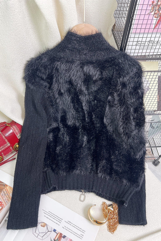 Zip-Up Mock Neck Fuzzy Cardigan