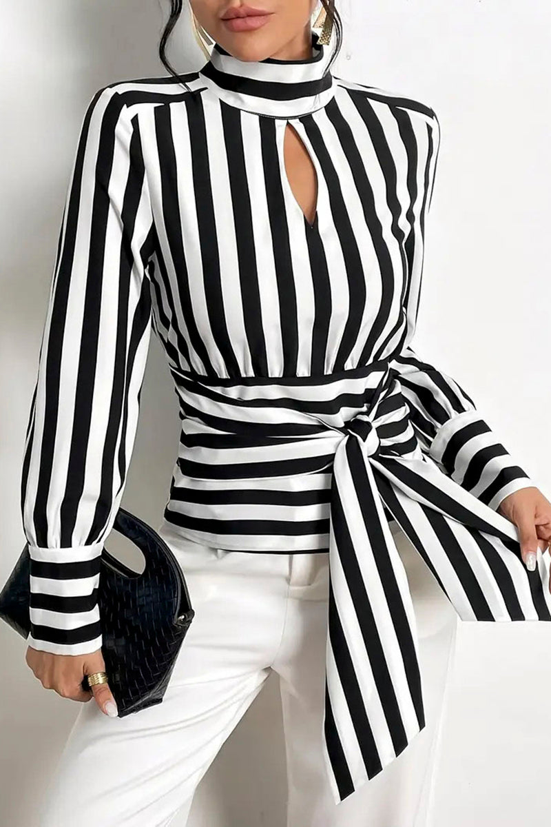 Striped Wrap Long Sleeve Blouse