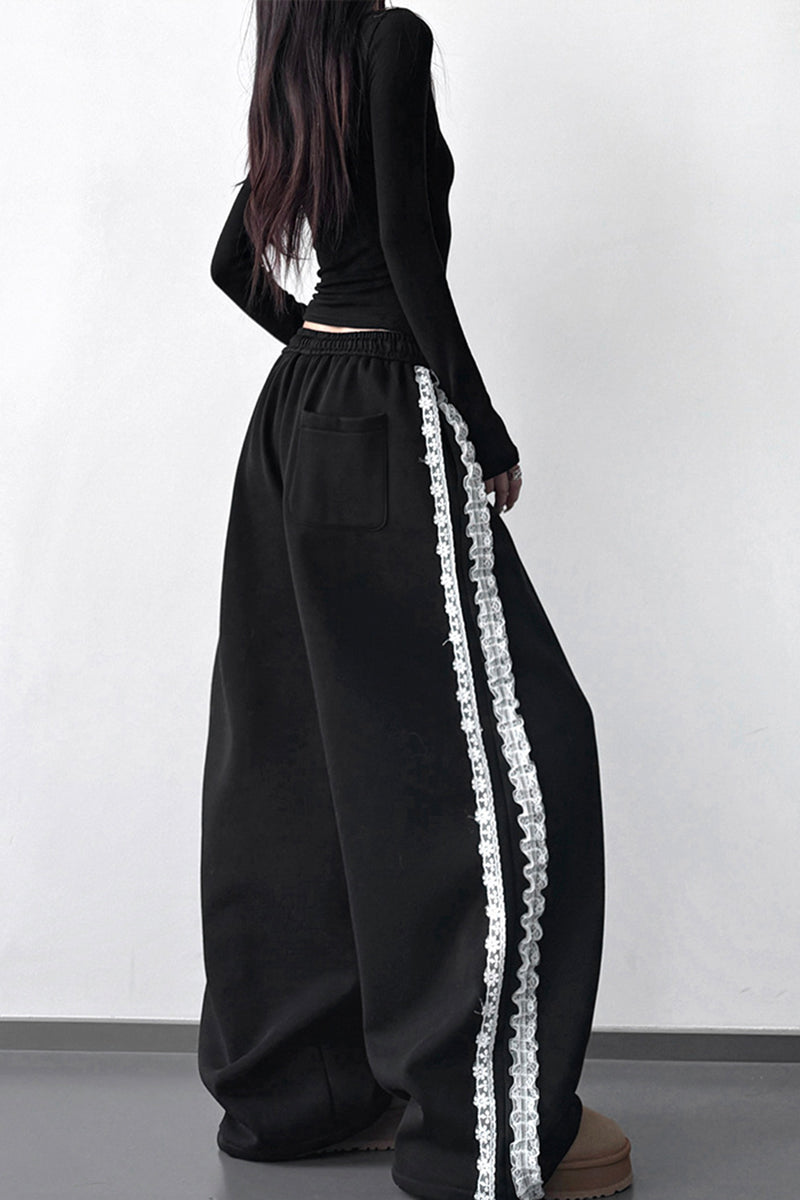 Wide-Leg Lace Trim Casual Pants