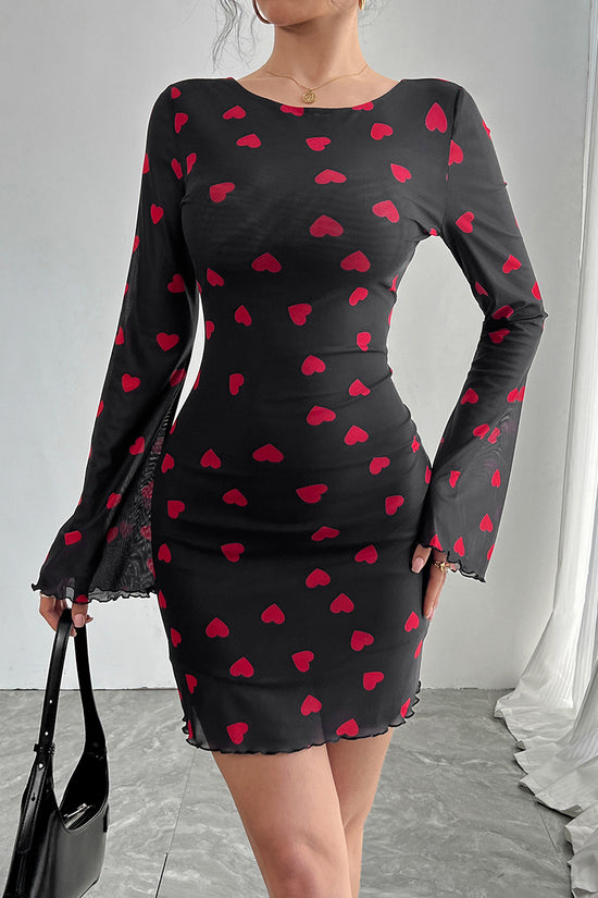 Heart Print Long Sleeve Bodycon Dress