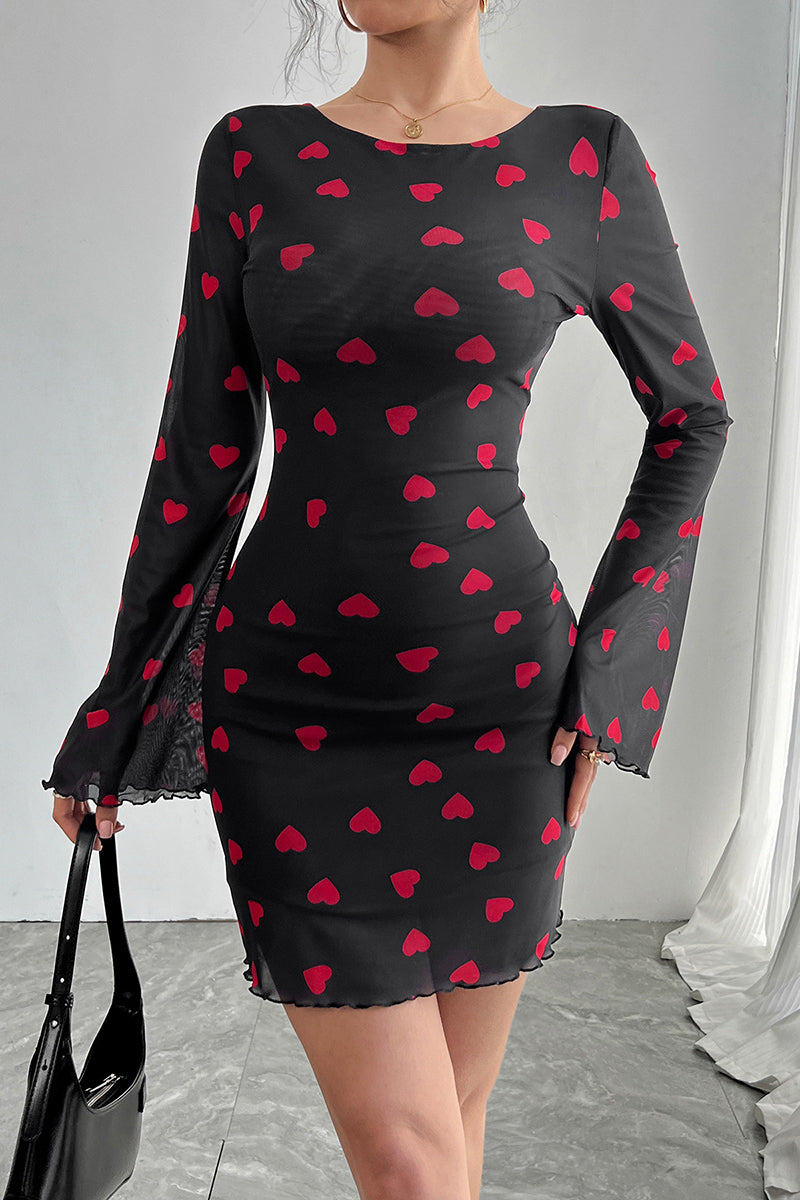 Heart Print Long Sleeve Bodycon Dress