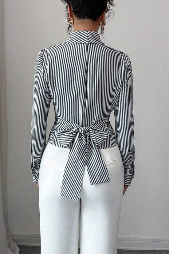 Striped V-Neck Wrap Blouse with Buckle