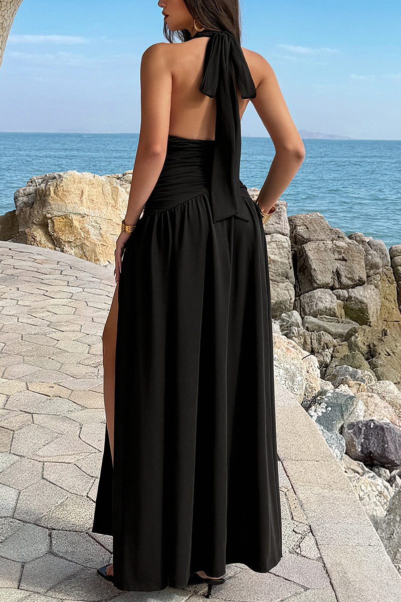 Ruched Halter Maxi Dress with Slit