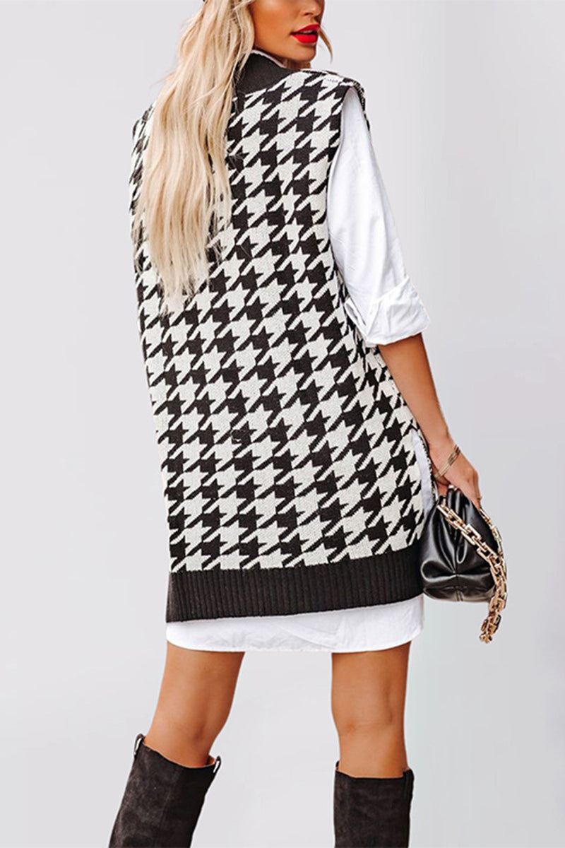 Houndstooth Sweater Vest with Deep V-Neck