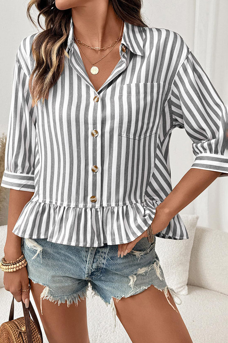 Striped Button-Up Peplum Blouse