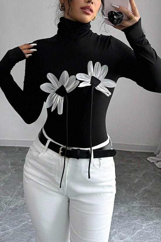 Floral Appliqué Turtleneck Long Sleeve Top