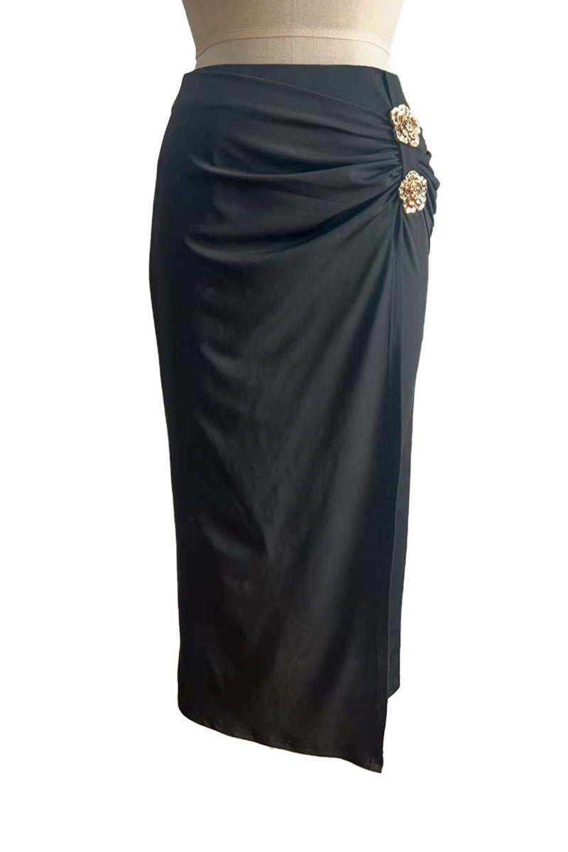Elegant Ruched Midi Skirt with Floral Detail