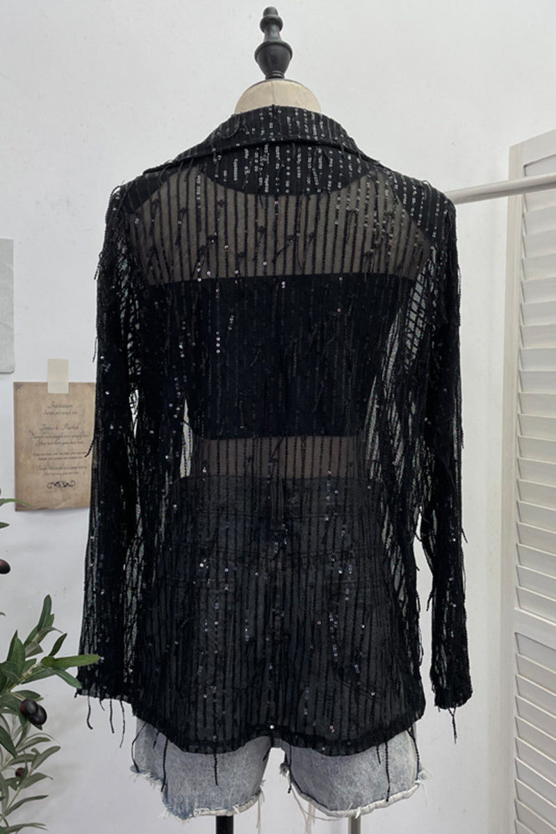 Sequin Fringe Open Front Blouse