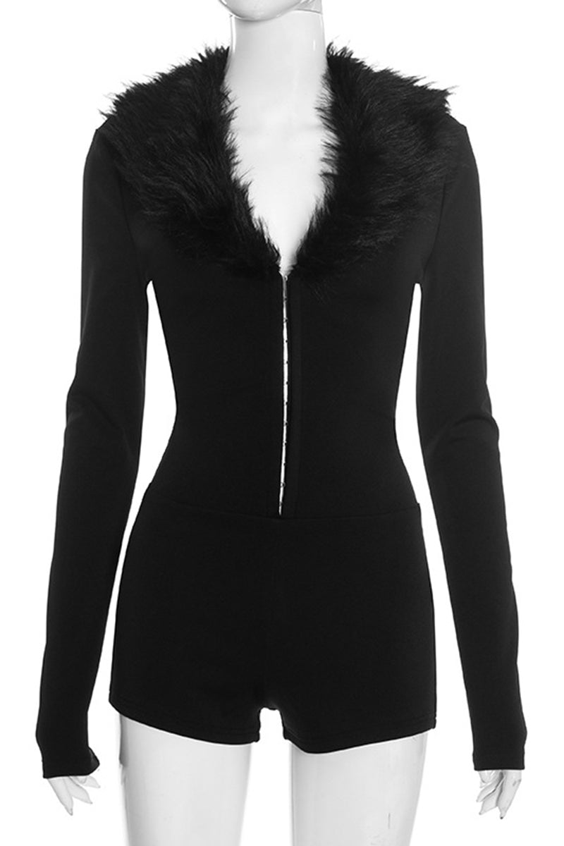 Faux Fur Collar Long Sleeve Romper