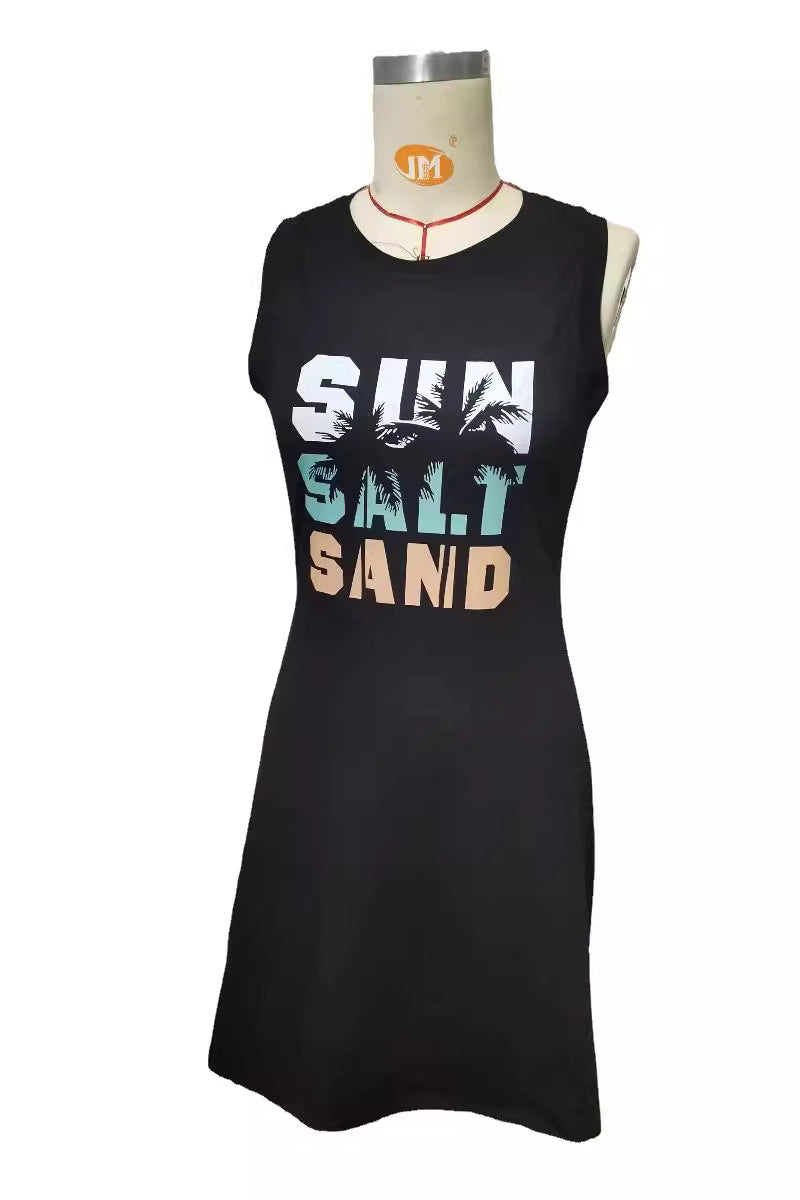 Palm Tree Print Sleeveless Casual Dress