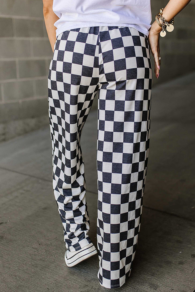 Checker Pattern Wide-Leg Casual Pants