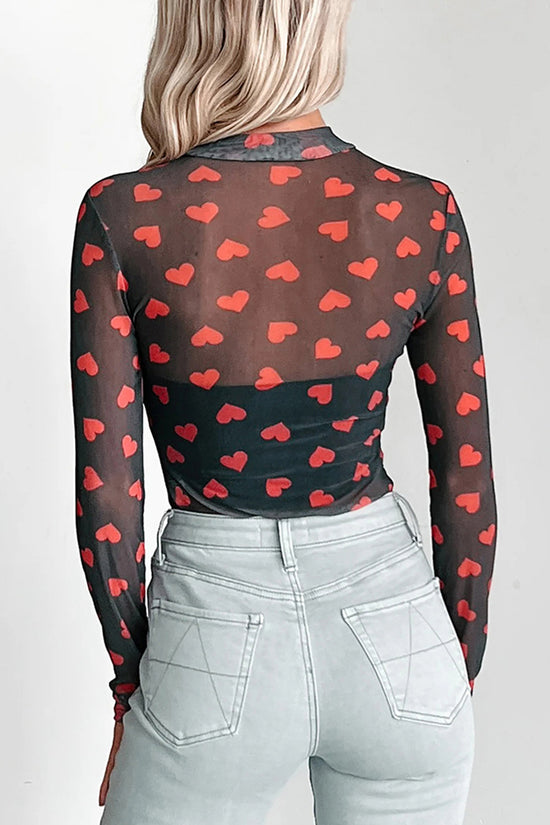Heart Print Sheer Long Sleeve Top
