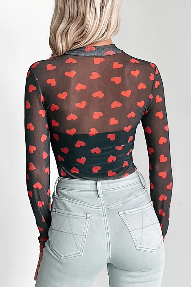 Heart Print Sheer Long Sleeve Top