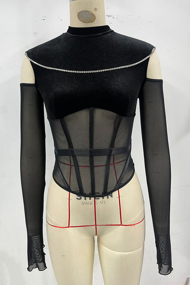 Rhinestone Detail Sheer Mesh T-Shirt