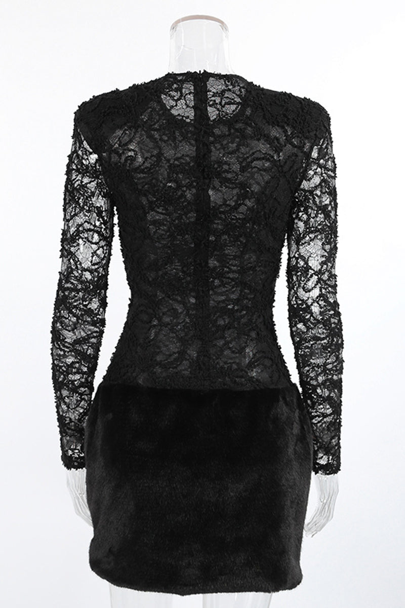 Chic Lace and Fur Casual Dress