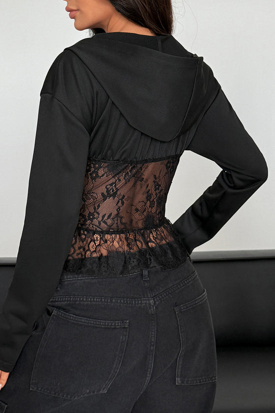 Zipper Lace Corset Blouse with Hoodie