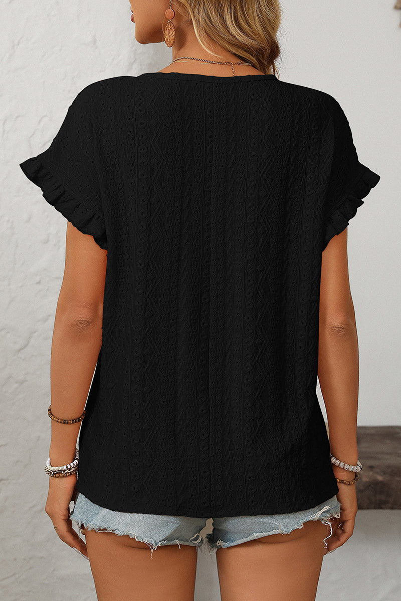 Ruffle Sleeve Eyelet T-Shirt