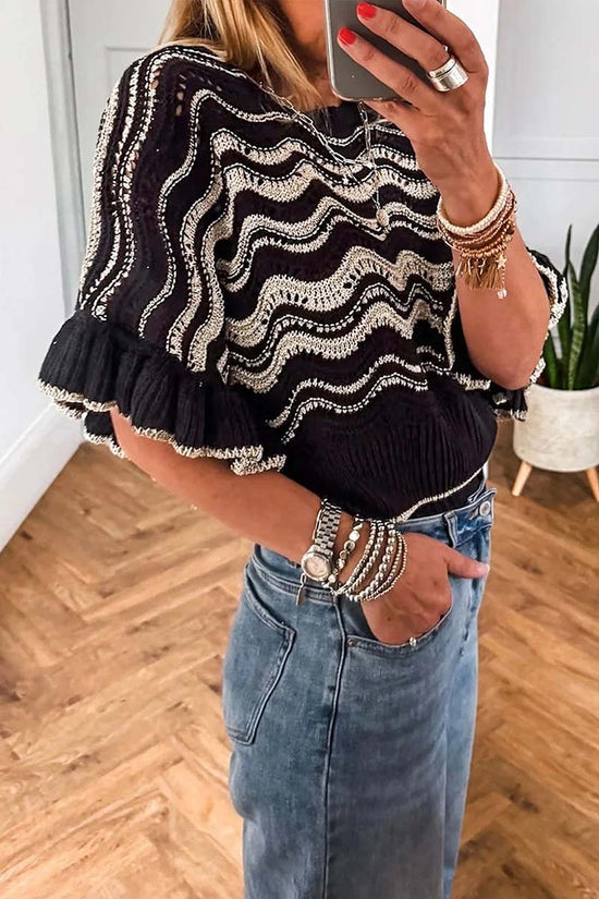 Stripe Wavy Crochet Ruffle Half Sleeve Top