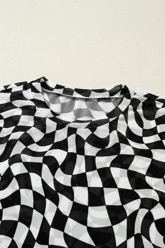 Checkered Print Mock Neck T-Shirt