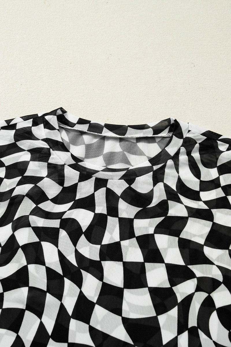 Checkered Print Mock Neck T-Shirt