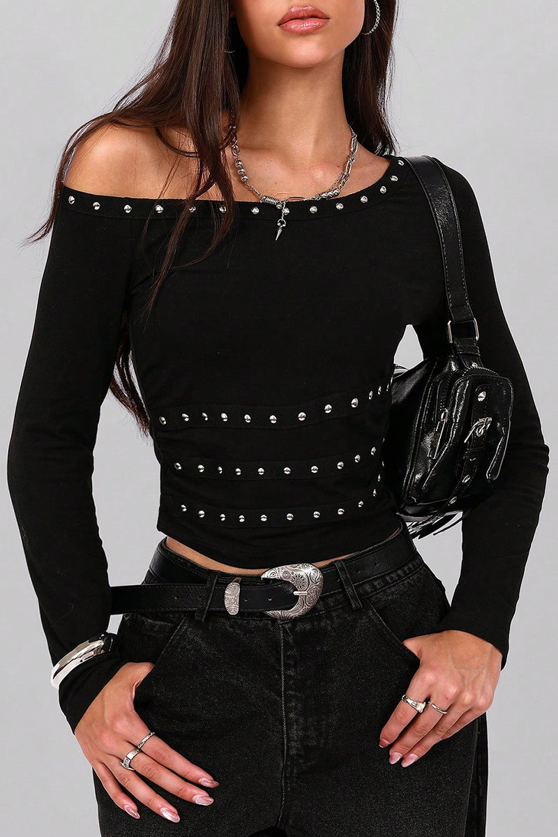 Off-Shoulder Studded Long Sleeve Top