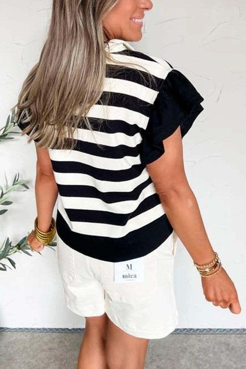 Striped V-Neck Ruffled Sleeve Blouse