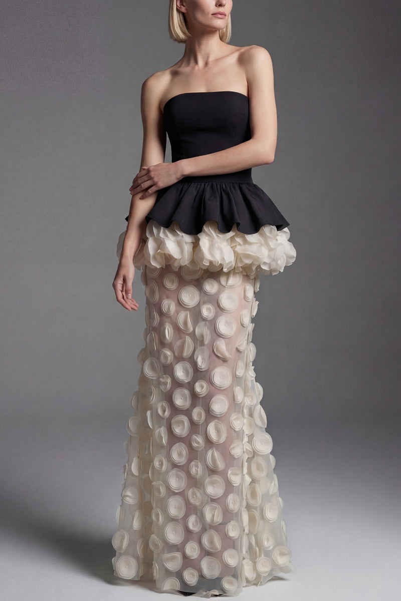 Strapless Peplum Polka Dot Evening Gown