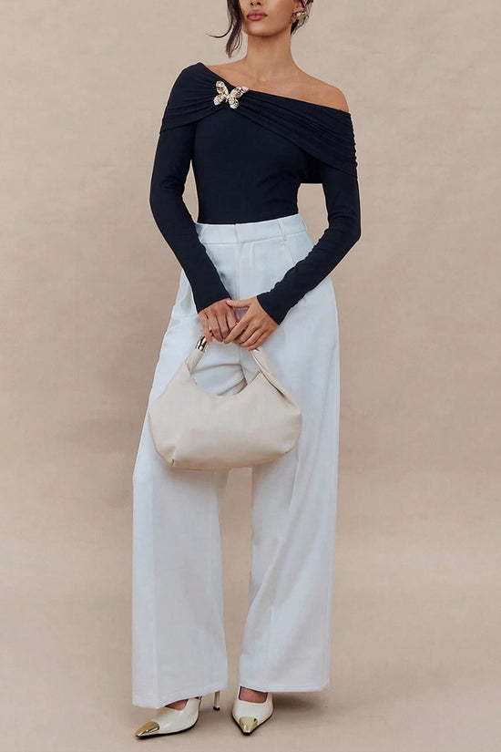 Off-Shoulder Brooch Adorned Top