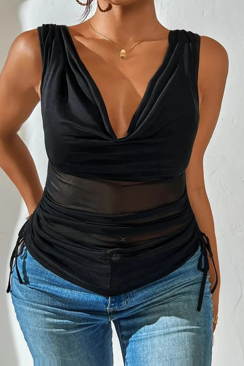 Draped V-Neck Mesh Ruched Tank Top